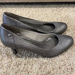Sparkly gunmetal-colored heels